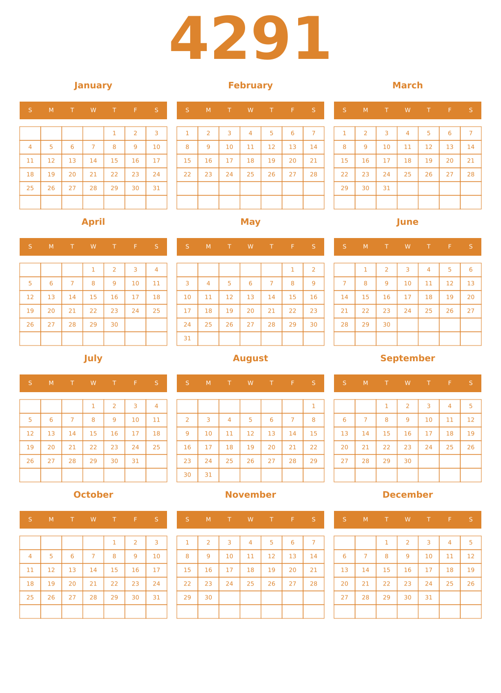 Printable 4291 Year Calendars orange