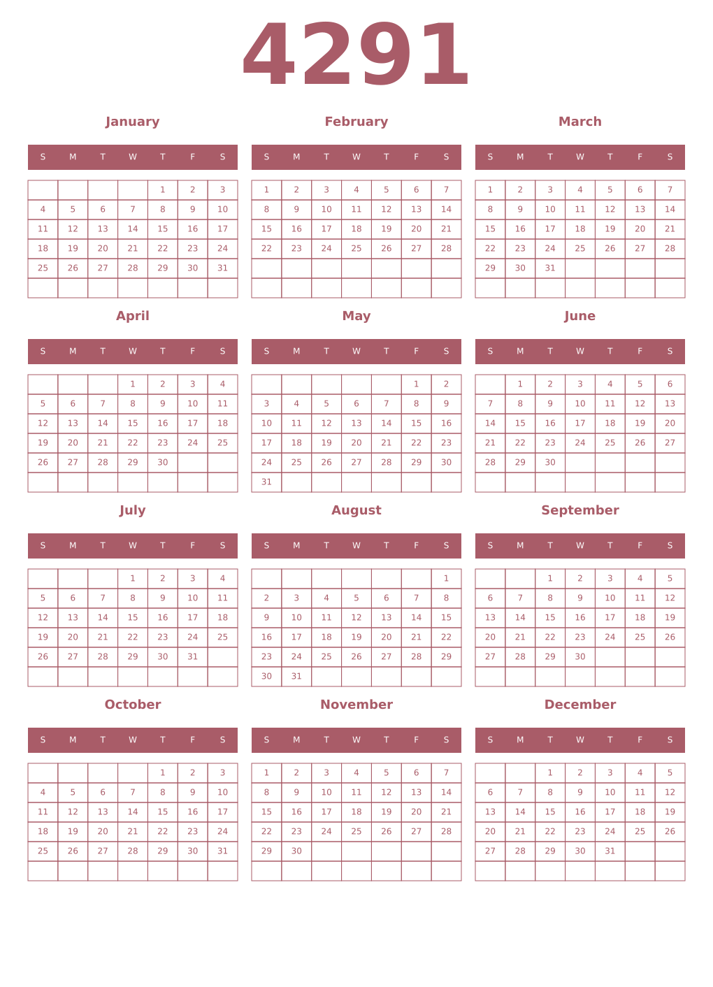 Printable 4291 Year Calendars puce