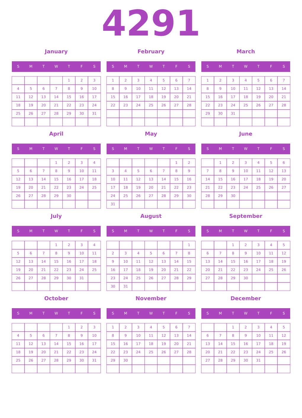 Printable 4291 Year Calendars purple