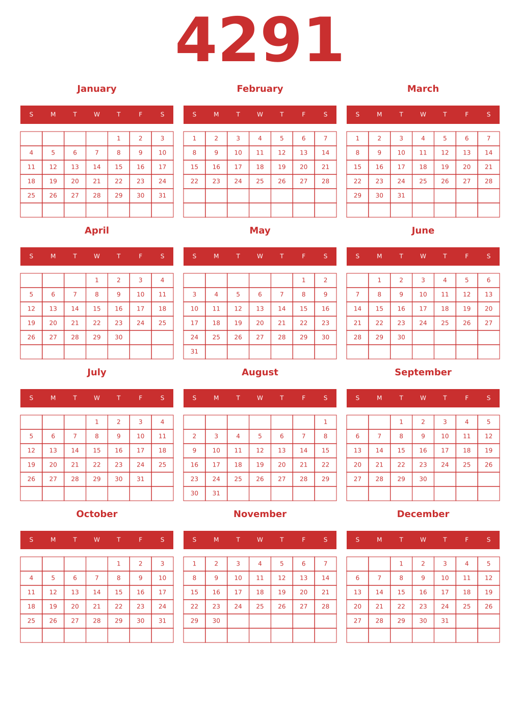 Printable 4291 Year Calendars red