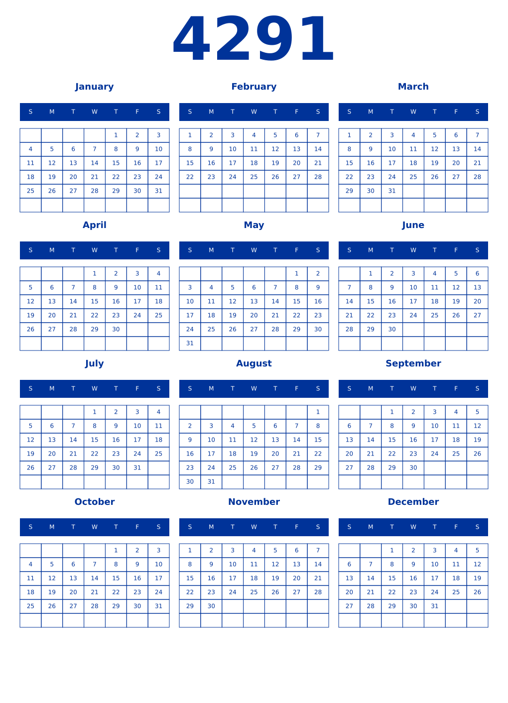 Printable 4291 Year Calendars smalt