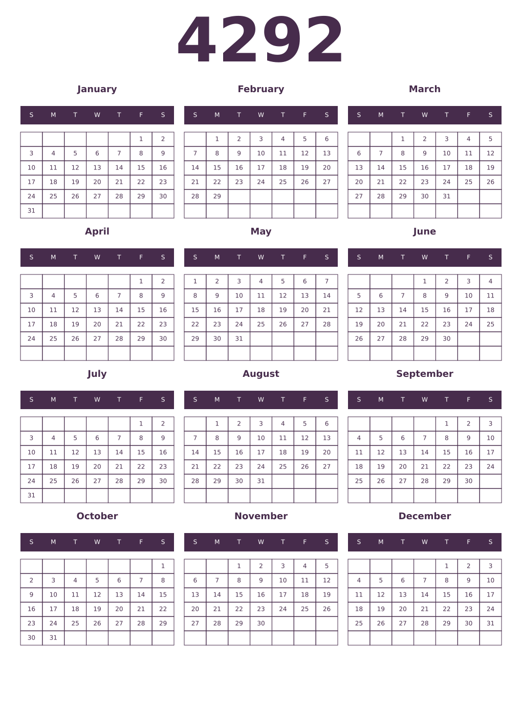 Printable 4292 Year Calendars aubergine