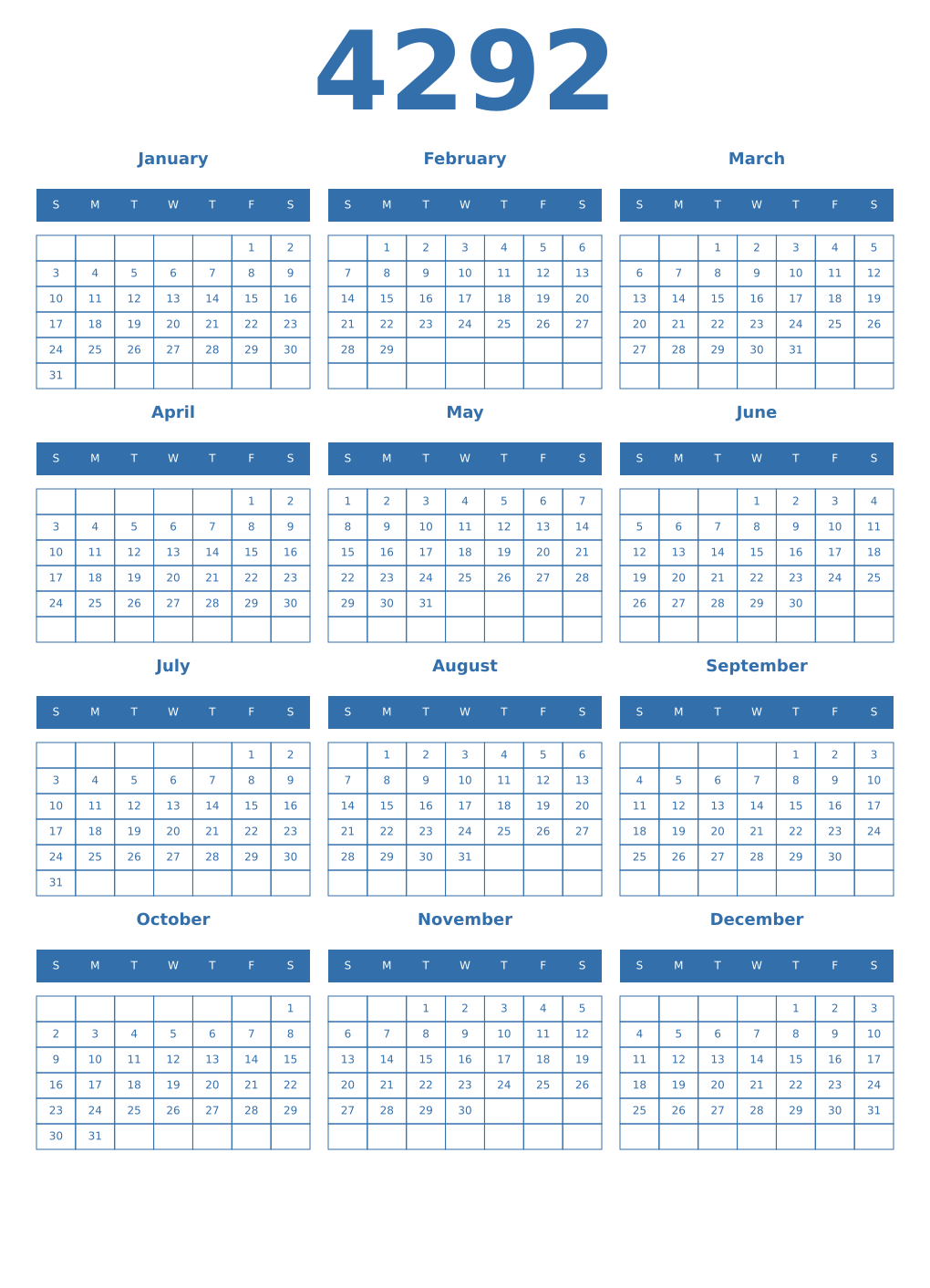Printable 4292 Year Calendars blue