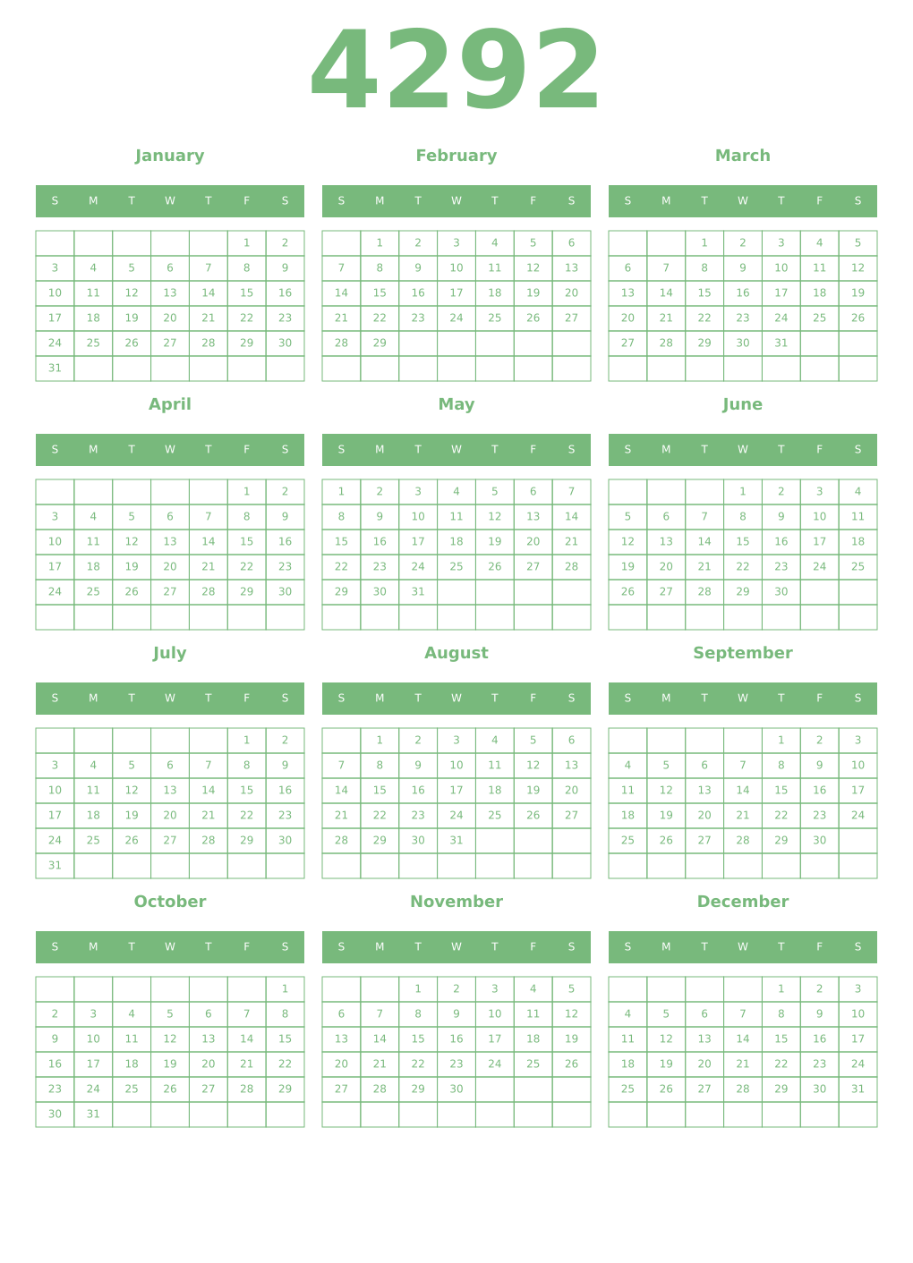 Printable 4292 Year Calendars celadon