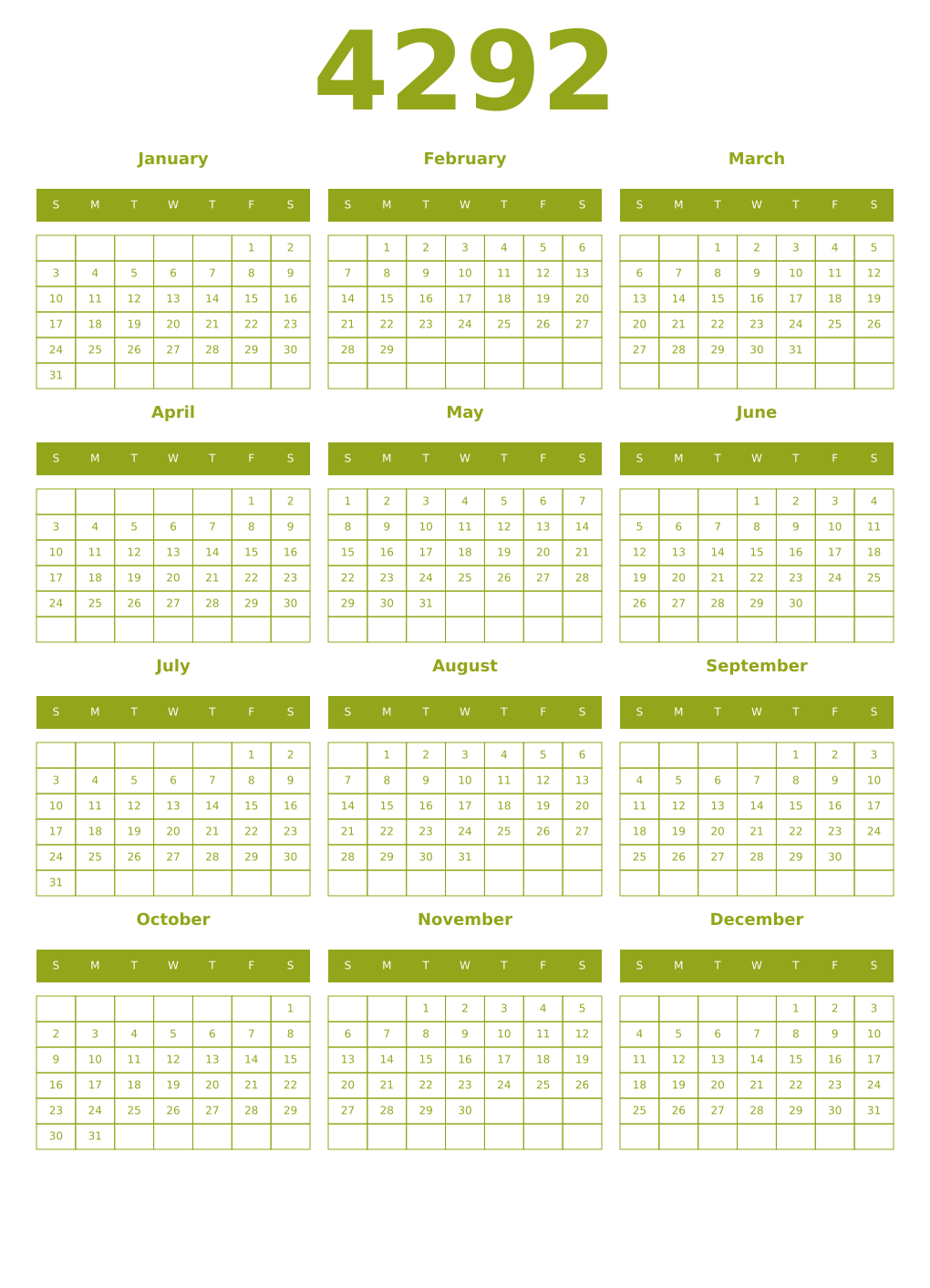 Printable 4292 Year Calendars chartreuse