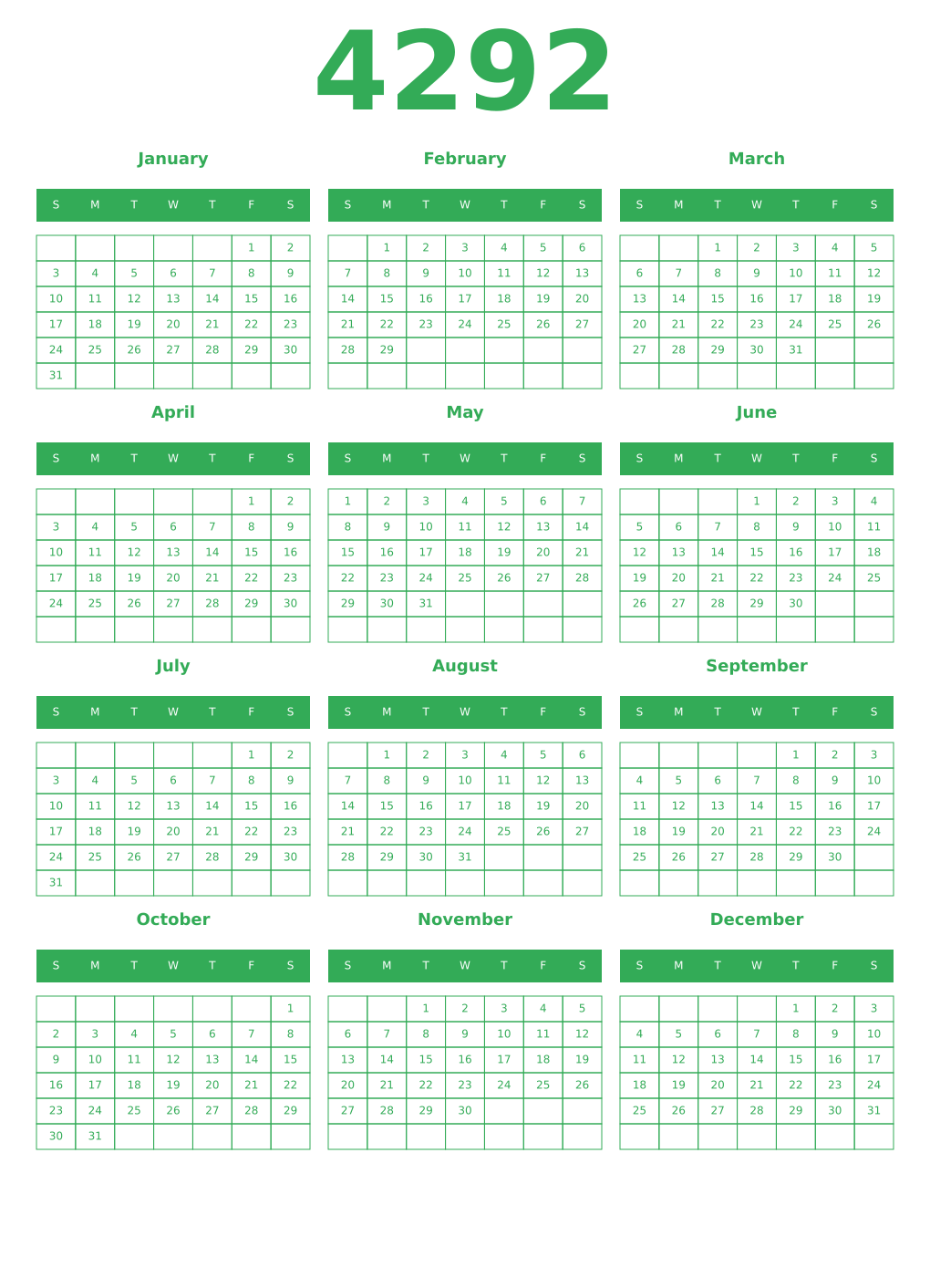 Printable 4292 Year Calendars green