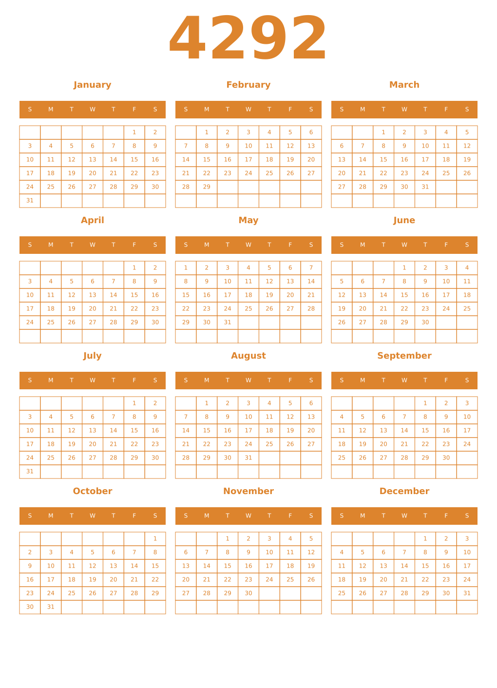 Printable 4292 Year Calendars orange