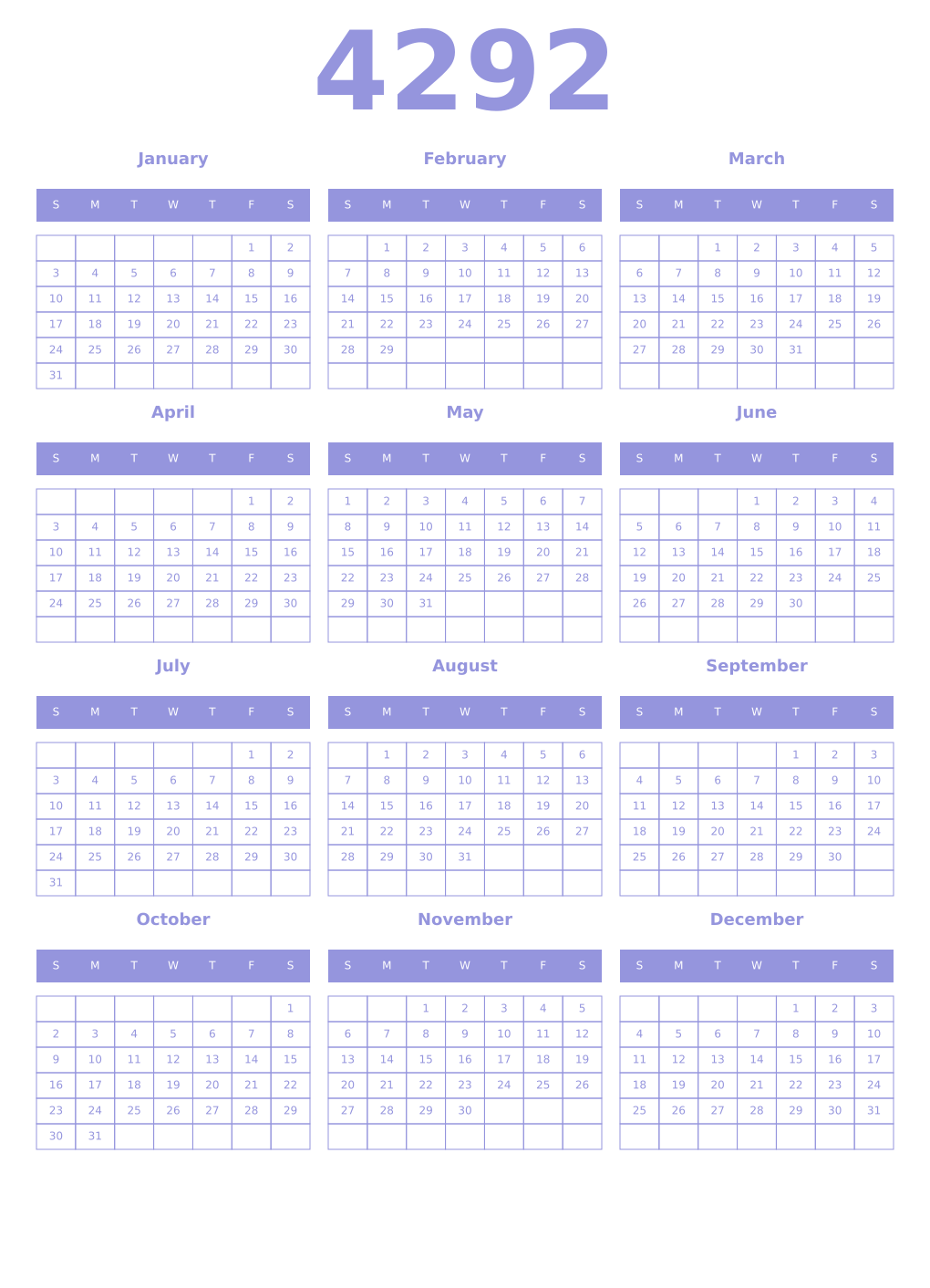Printable 4292 Year Calendars periwinkle