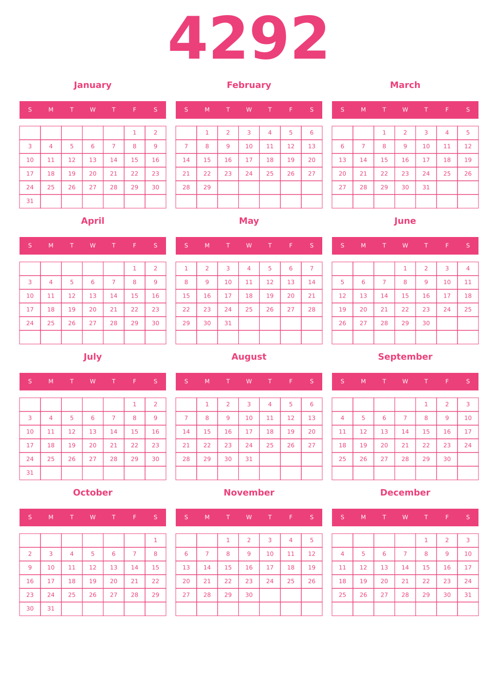 Printable 4292 Year Calendars pink