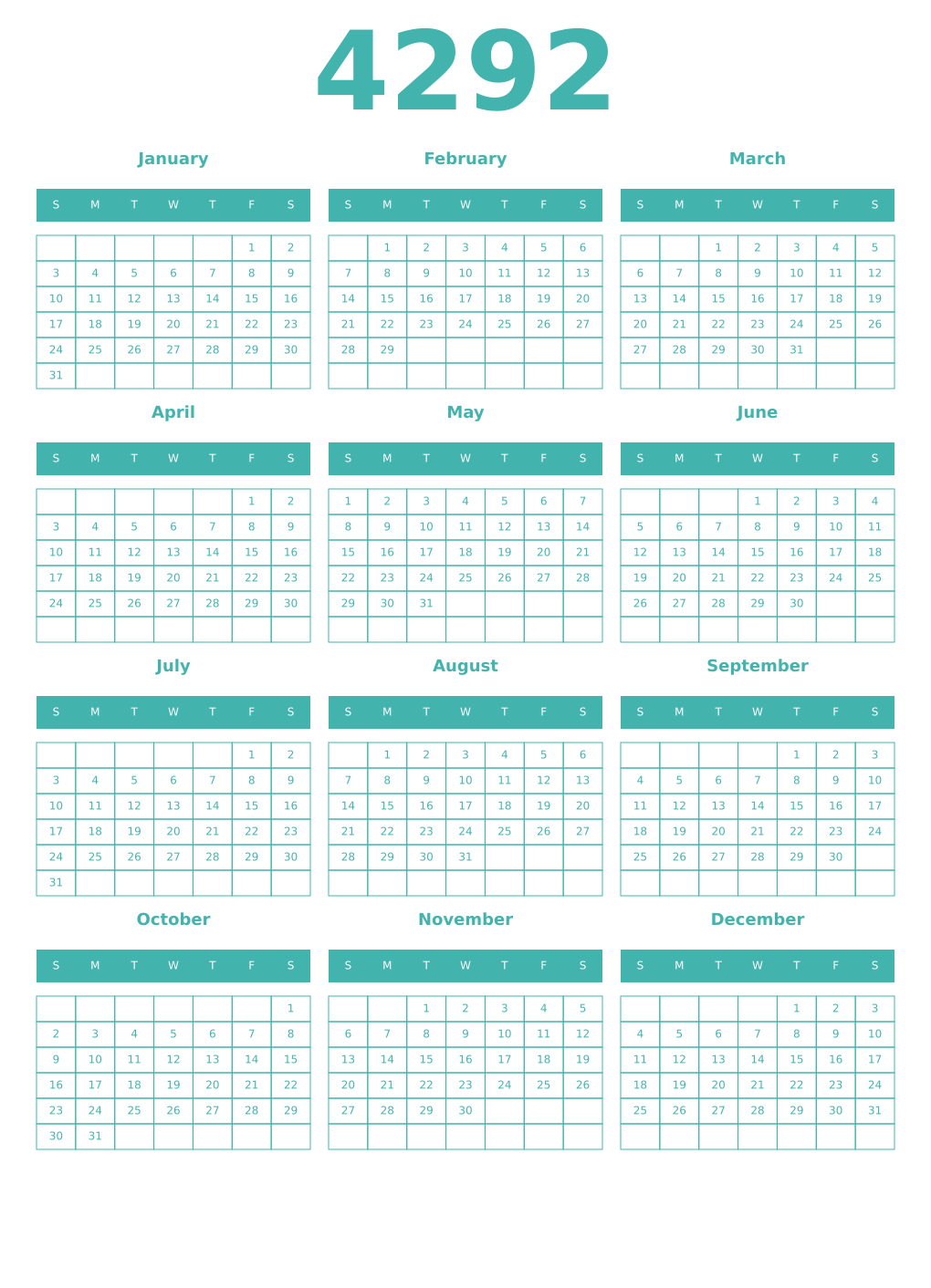 Printable 4292 Year Calendars verdigris