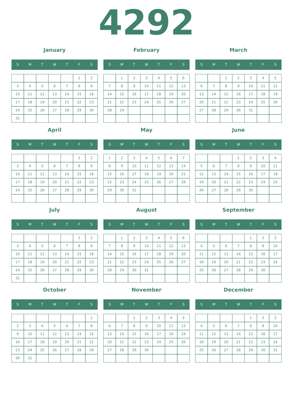 Printable 4292 Year Calendars viridian