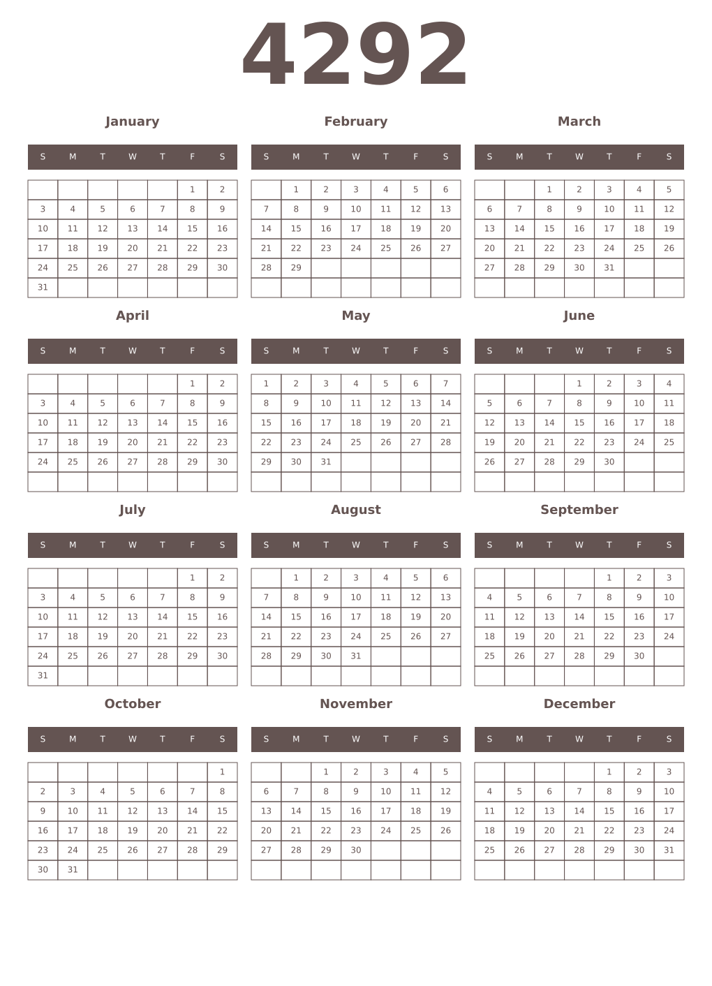 Printable 4292 Year Calendars wenge