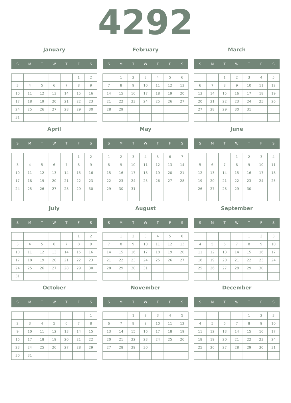 Printable 4292 Year Calendars xanadu