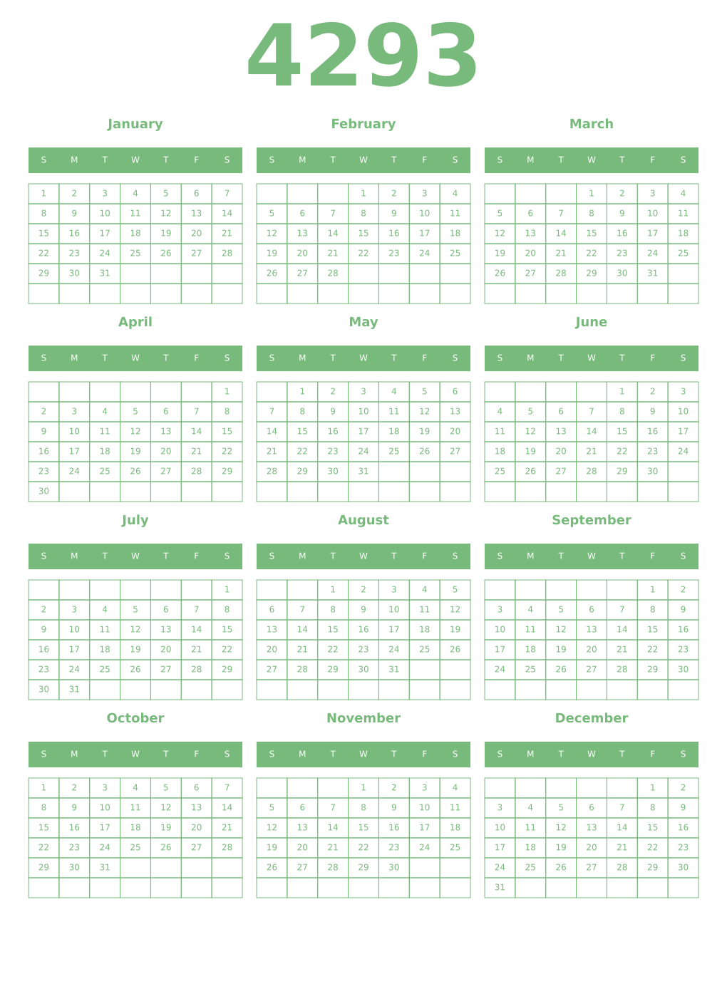 Printable 4293 Year Calendars celadon
