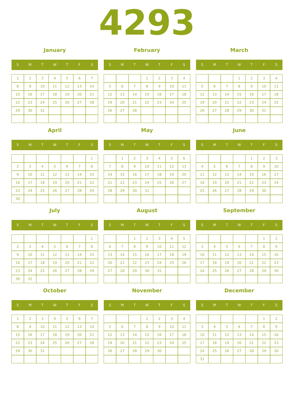 Printable 4293 Year Calendars chartreuse