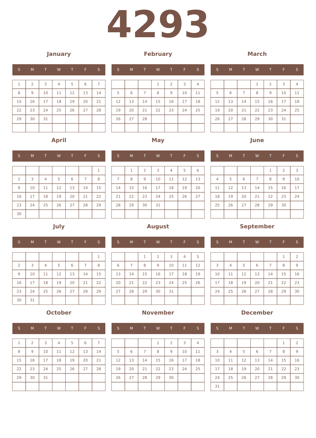 Printable 4293 Year Calendars coffe