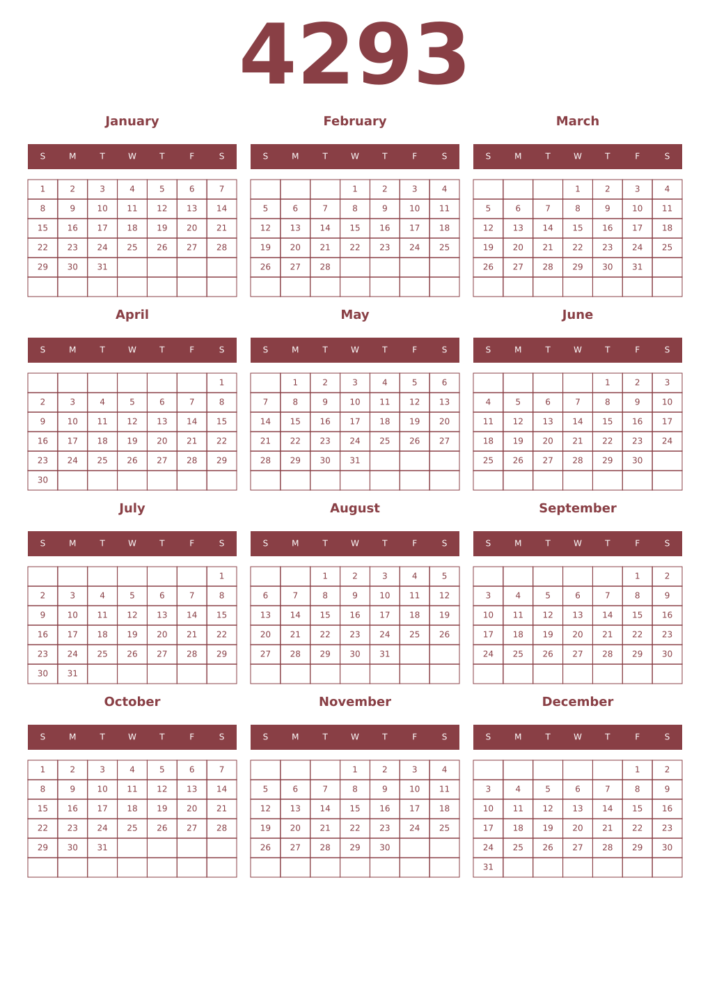Printable 4293 Year Calendars cordovan