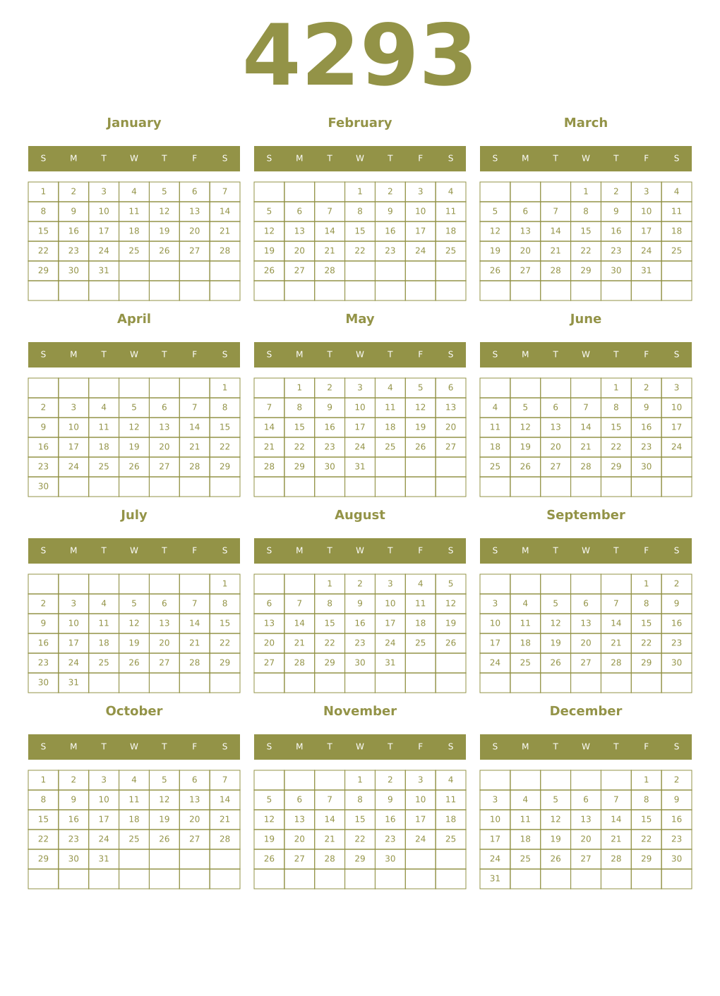 Printable 4293 Year Calendars eburnean