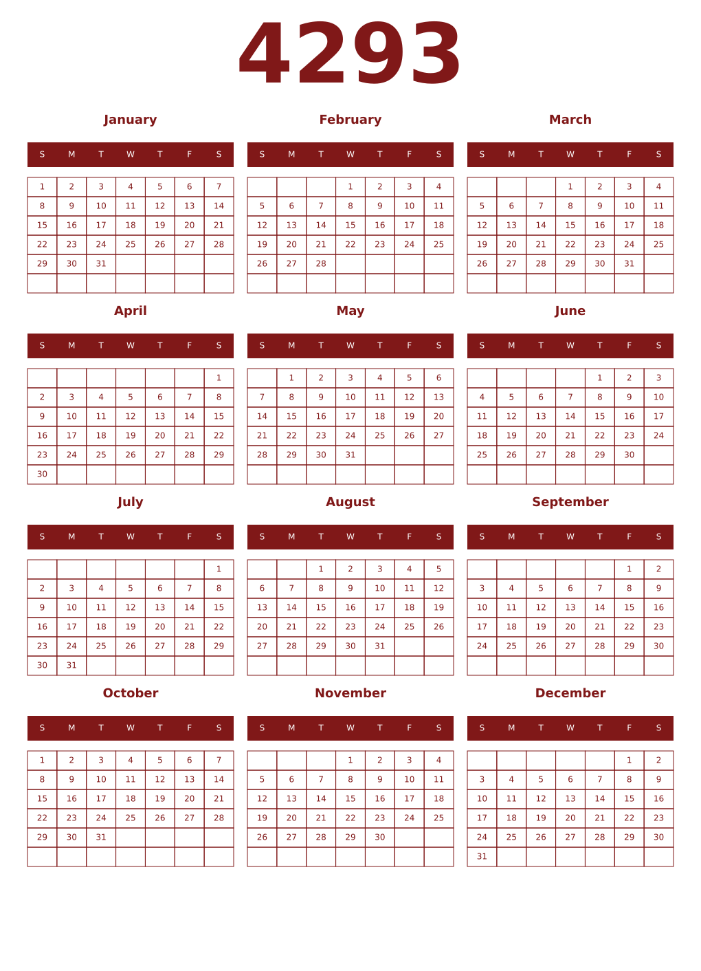 Printable 4293 Year Calendars falu