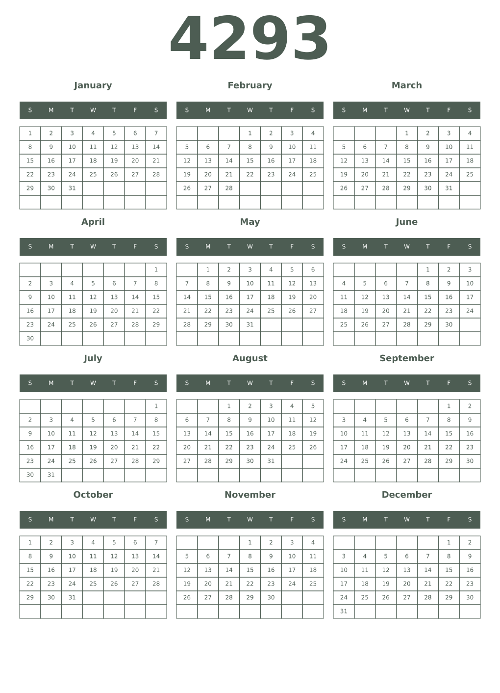 Printable 4293 Year Calendars feldgrau