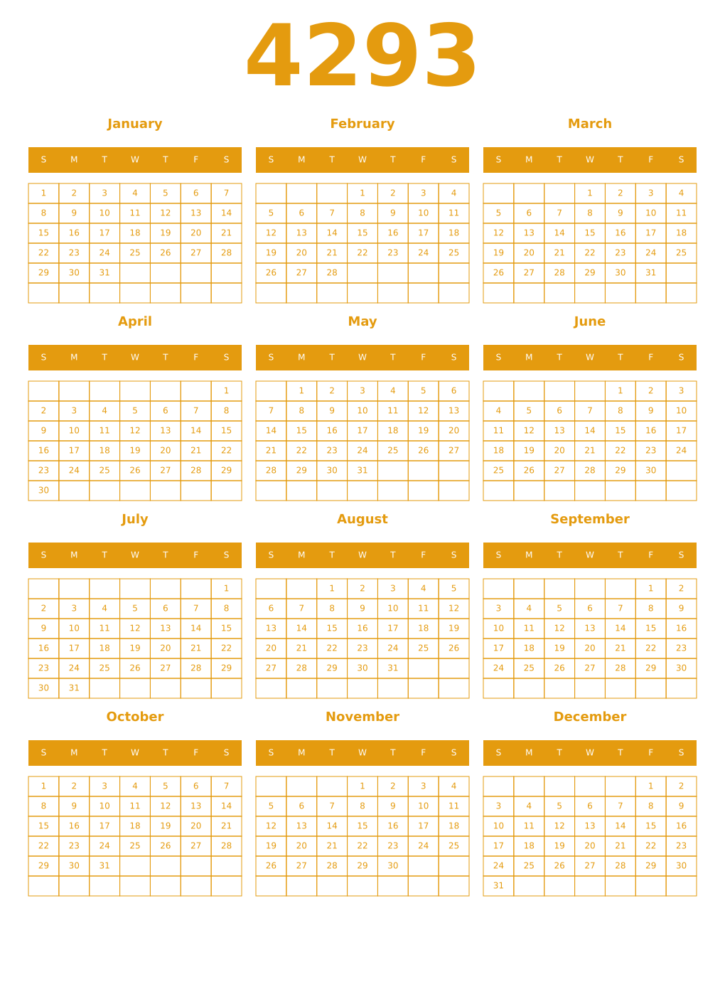 Printable 4293 Year Calendars gamboge