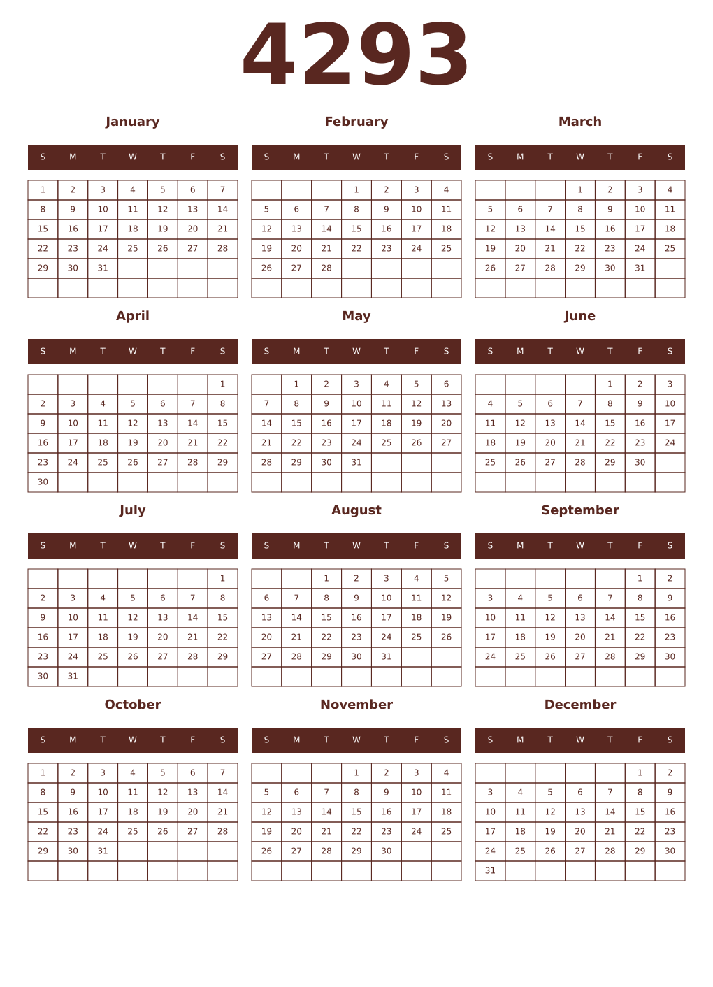 Printable 4293 Year Calendars mortuum