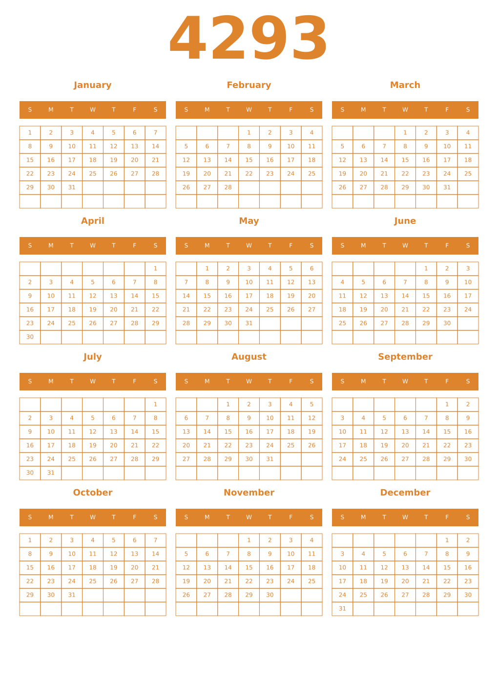 Printable 4293 Year Calendars orange