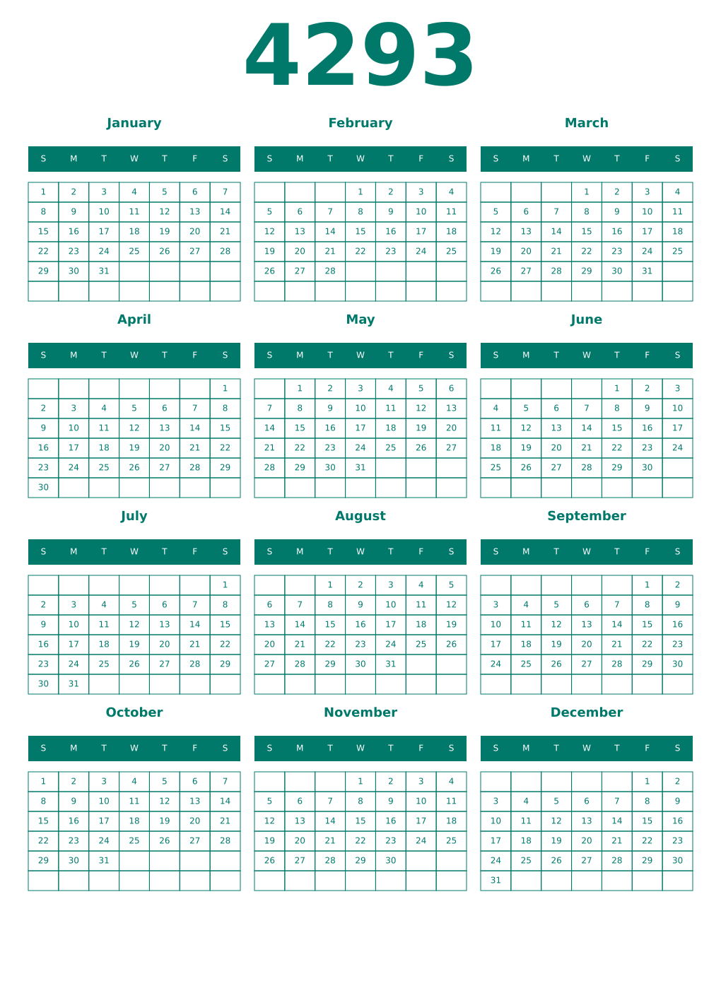 Printable 4293 Year Calendars pastel