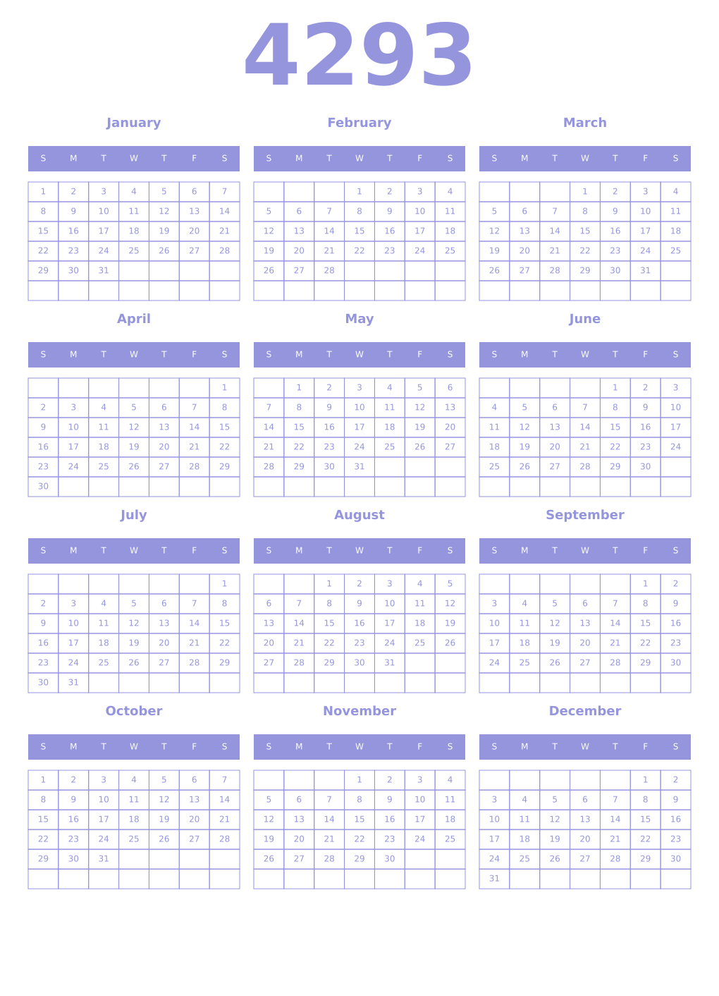 Printable 4293 Year Calendars periwinkle