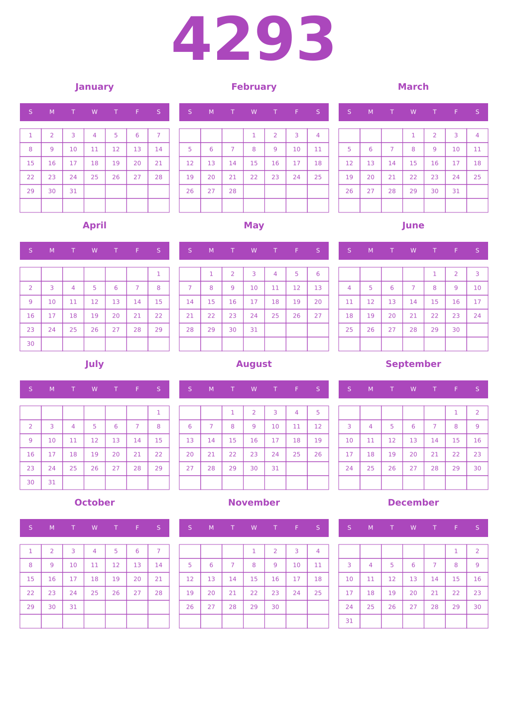 Printable 4293 Year Calendars purple