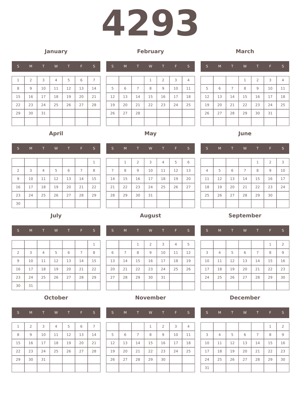 Printable 4293 Year Calendars wenge