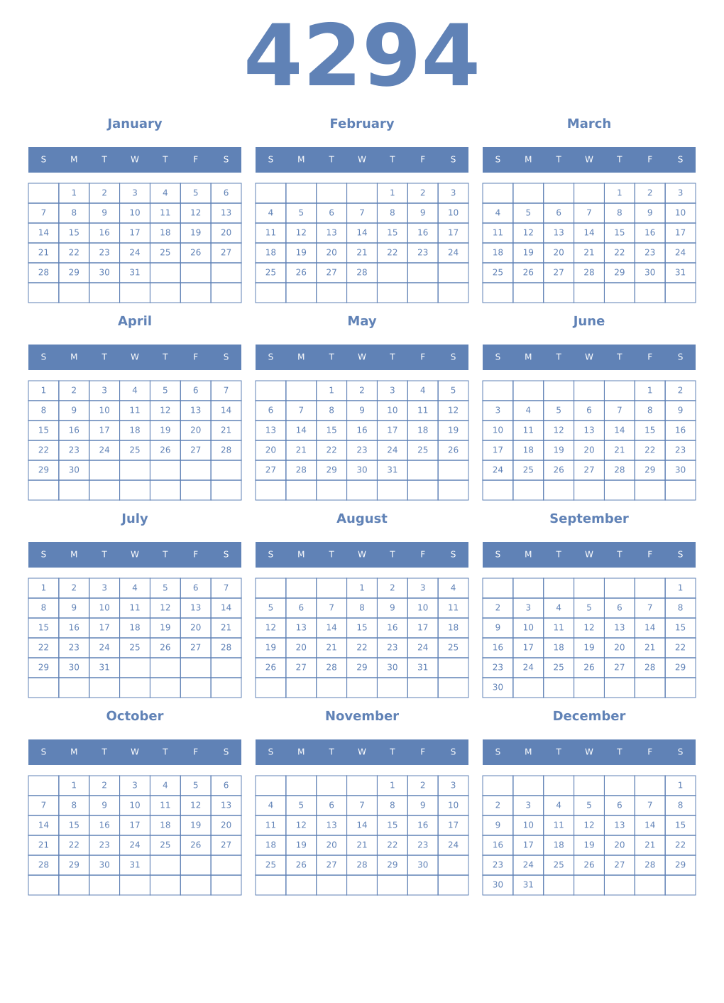 Printable 4294 Year Calendars glaucous