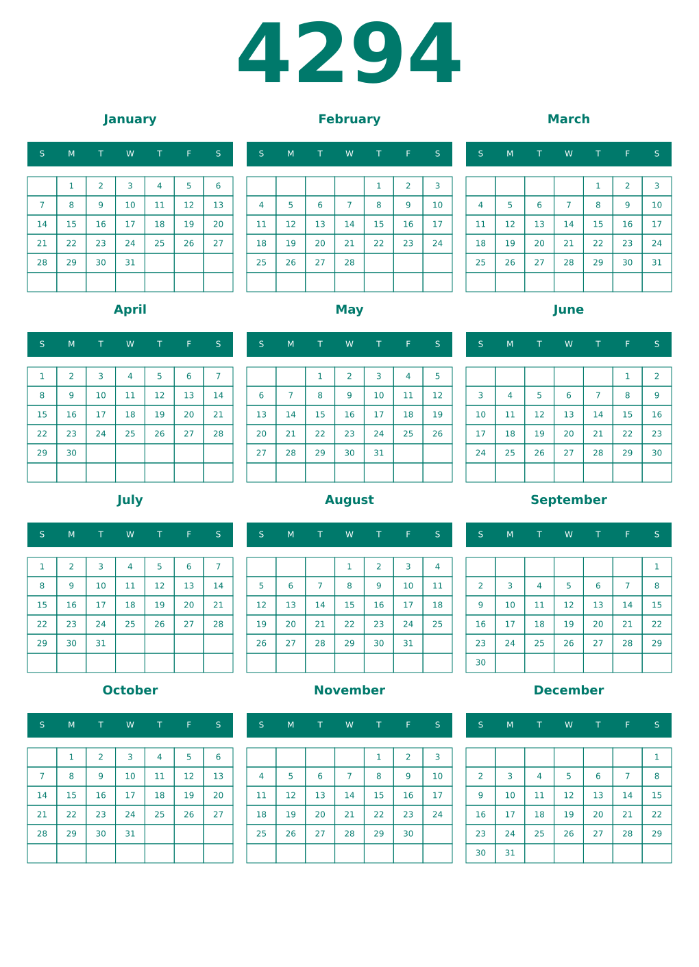 Printable 4294 Year Calendars pastel