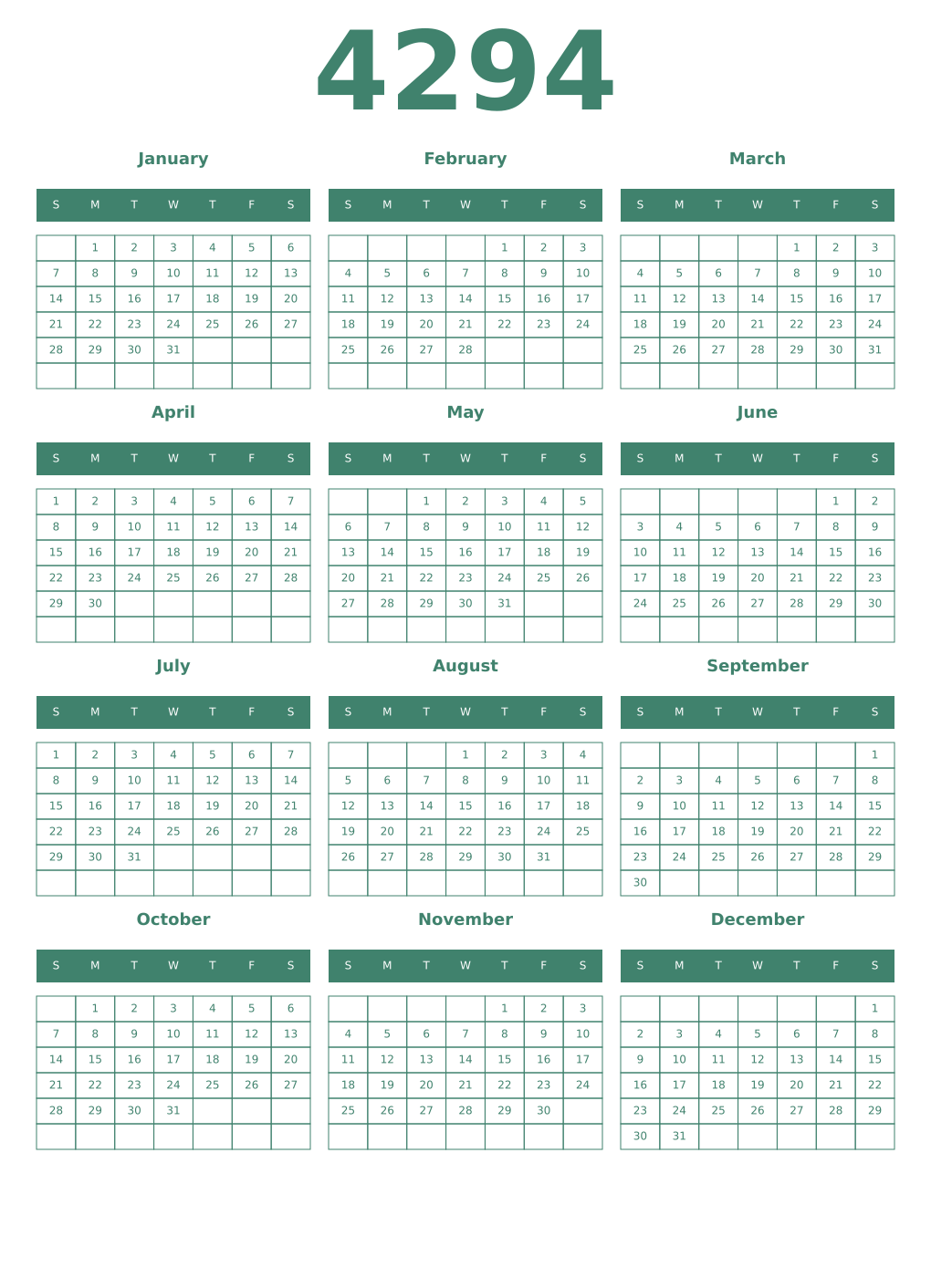 Printable 4294 Year Calendars viridian
