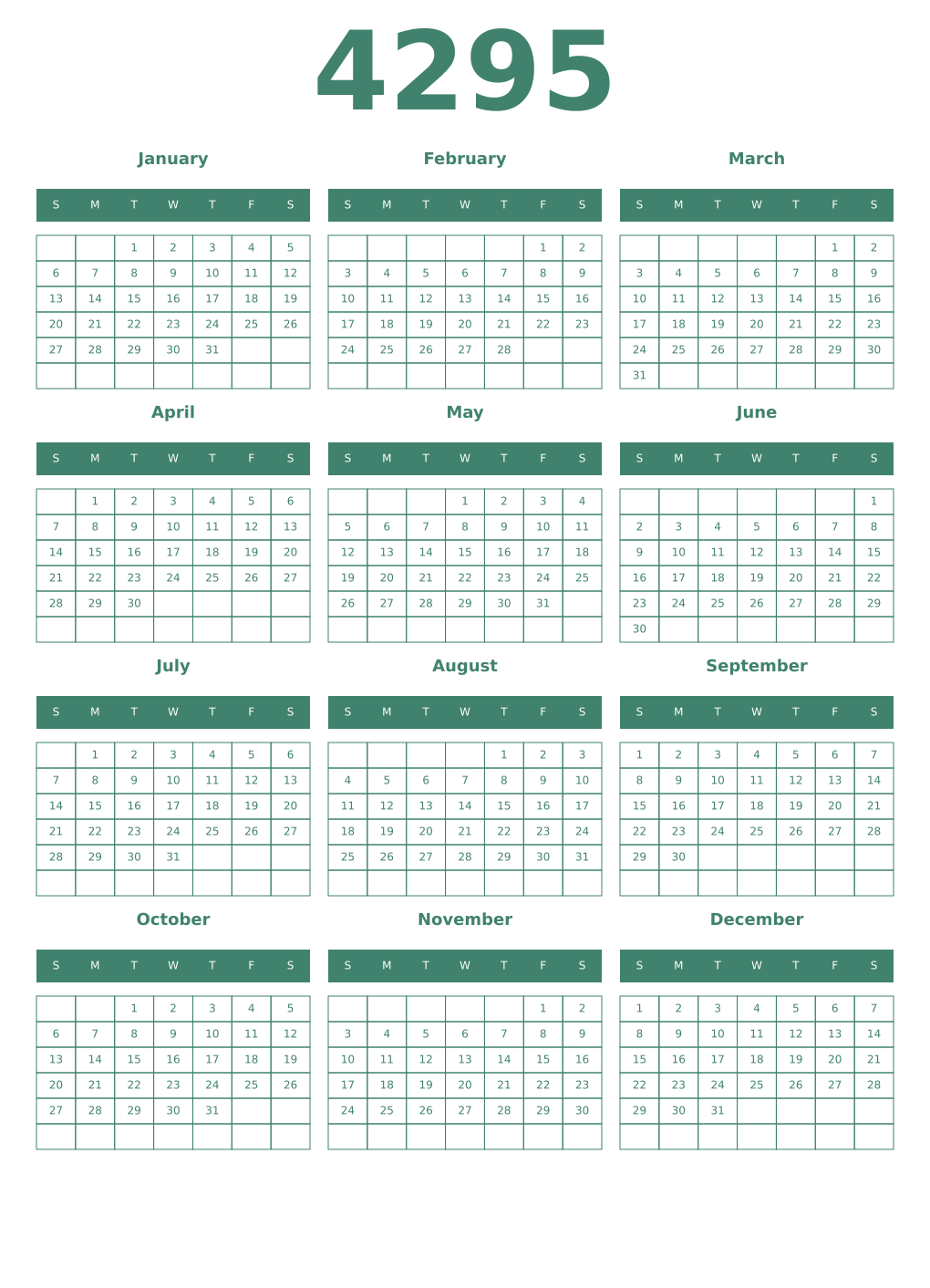 Printable 4295 Year Calendars viridian