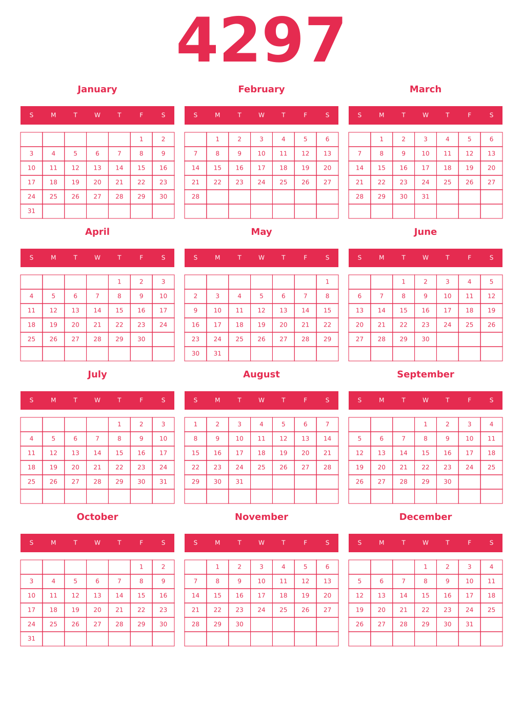 Printable 4297 Year Calendars amaranth