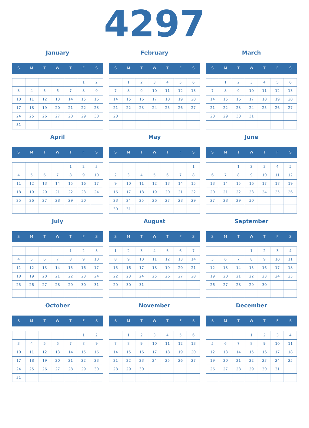 Printable 4297 Year Calendars blue