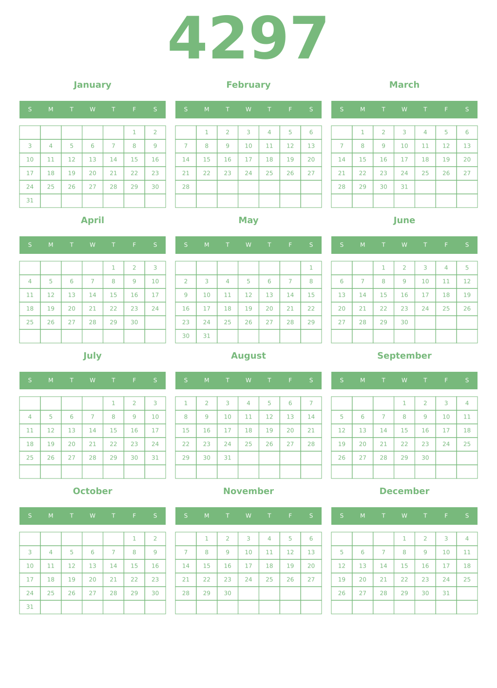 Printable 4297 Year Calendars celadon