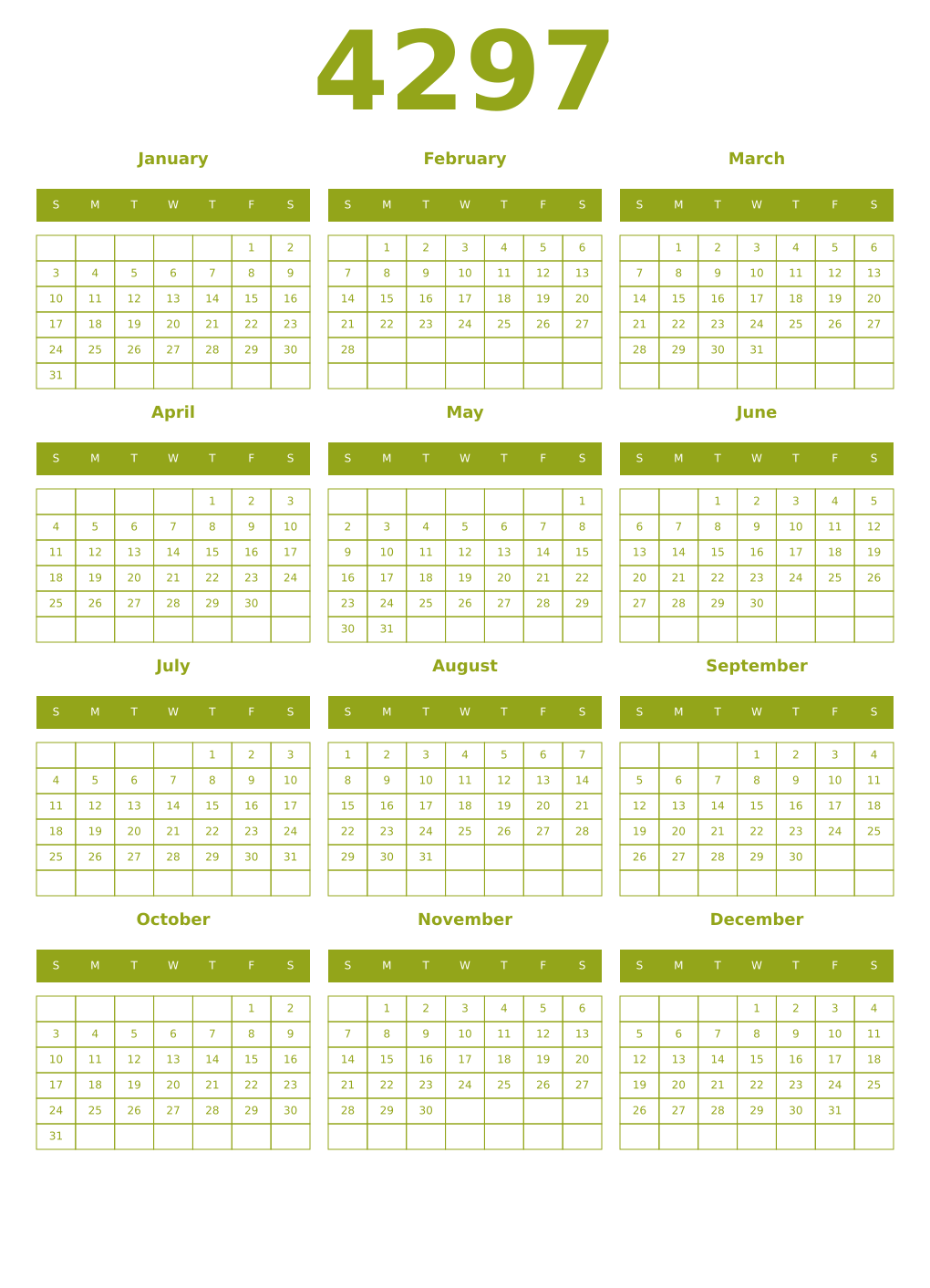 Printable 4297 Year Calendars chartreuse