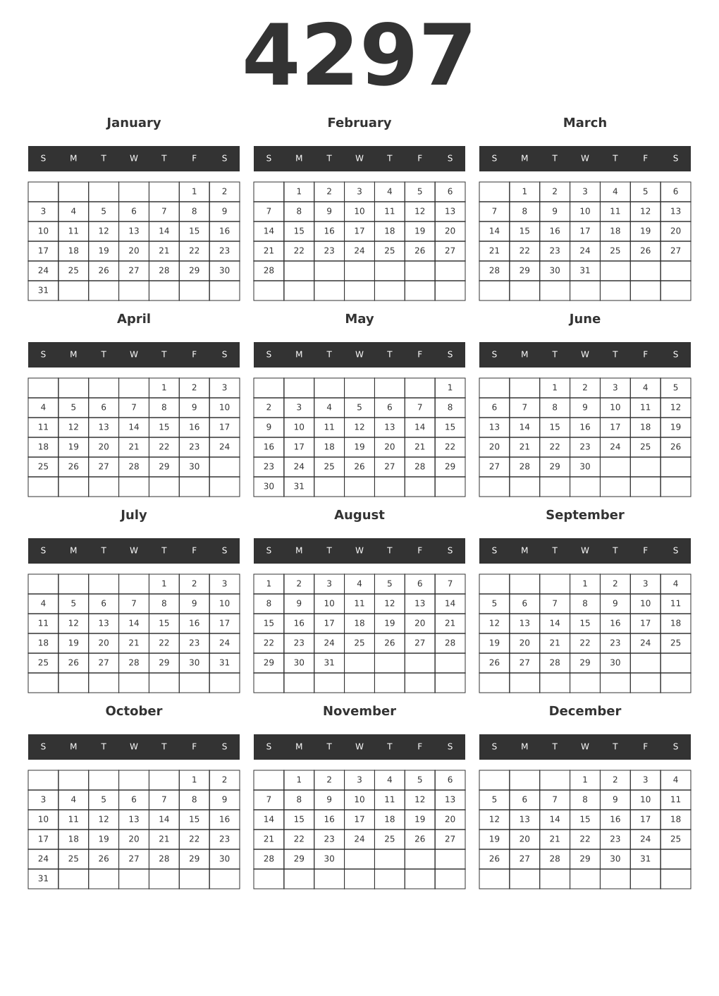 Printable 4297 Year Calendars dark