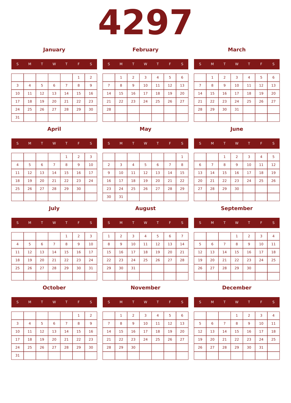 Printable 4297 Year Calendars falu