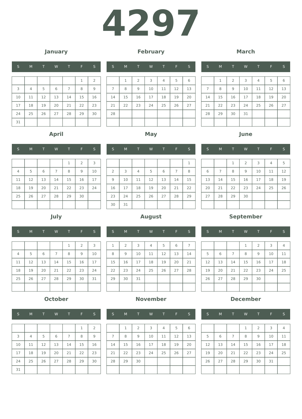 Printable 4297 Year Calendars feldgrau