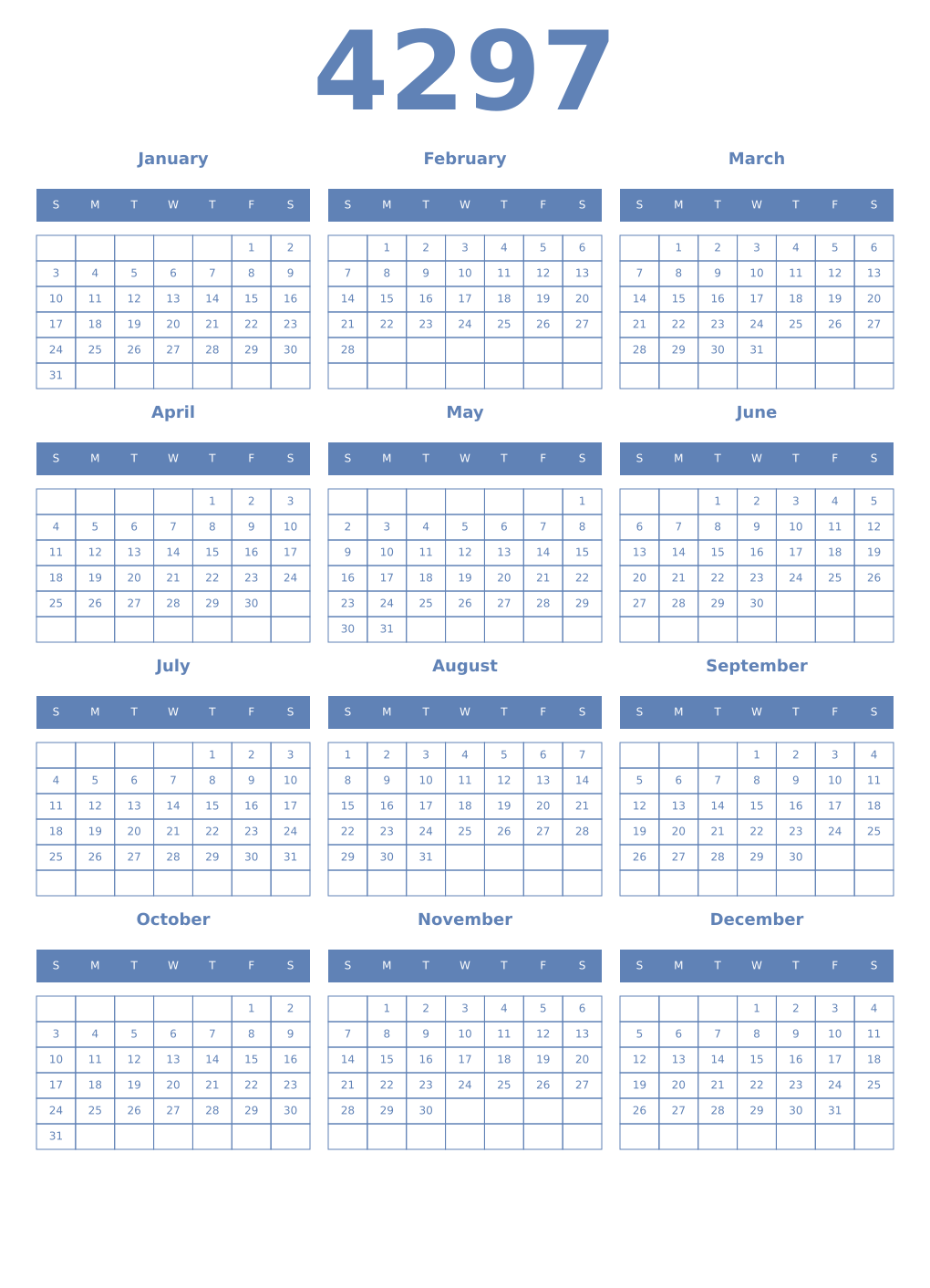 Printable 4297 Year Calendars glaucous
