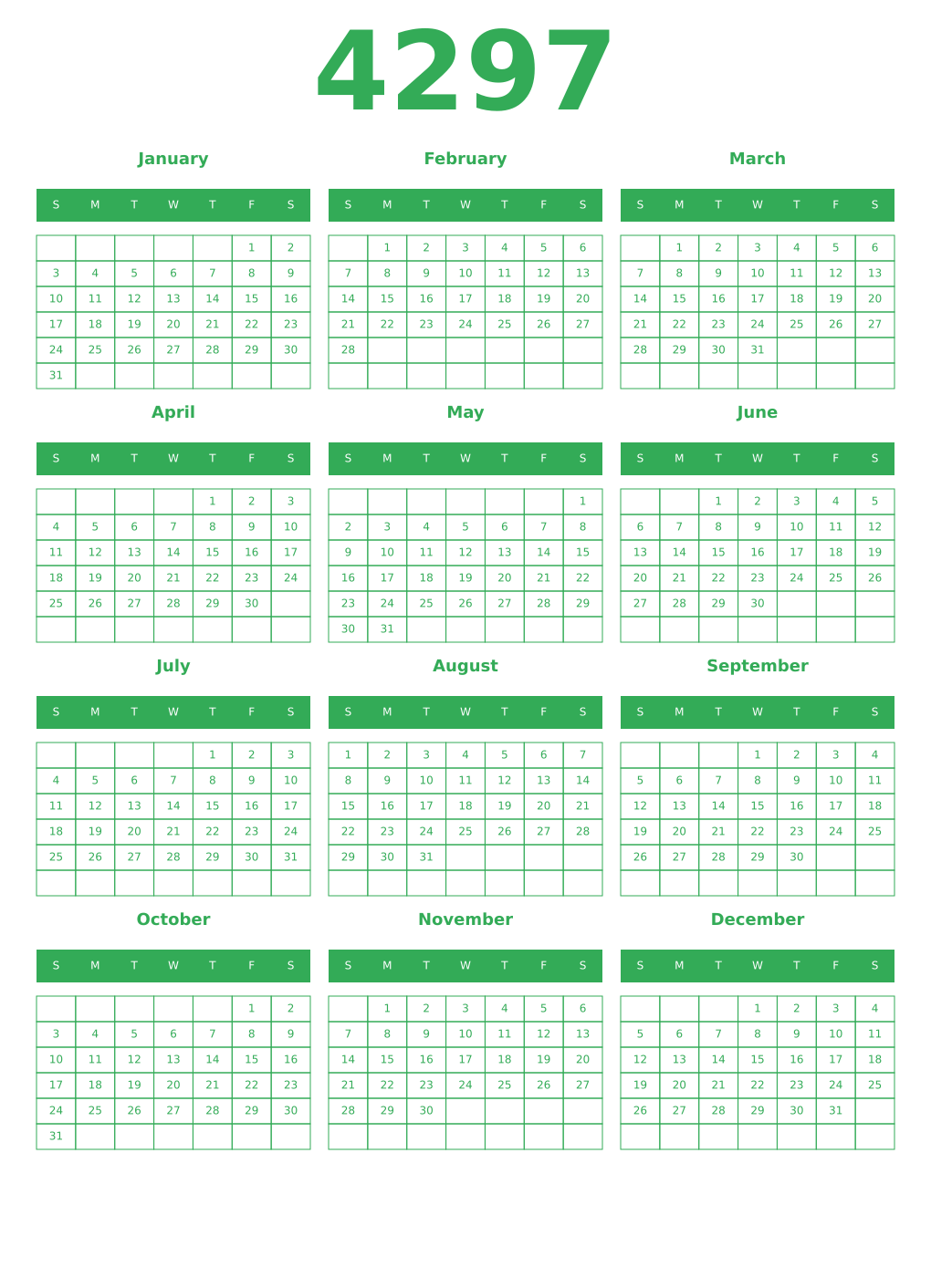 Printable 4297 Year Calendars green