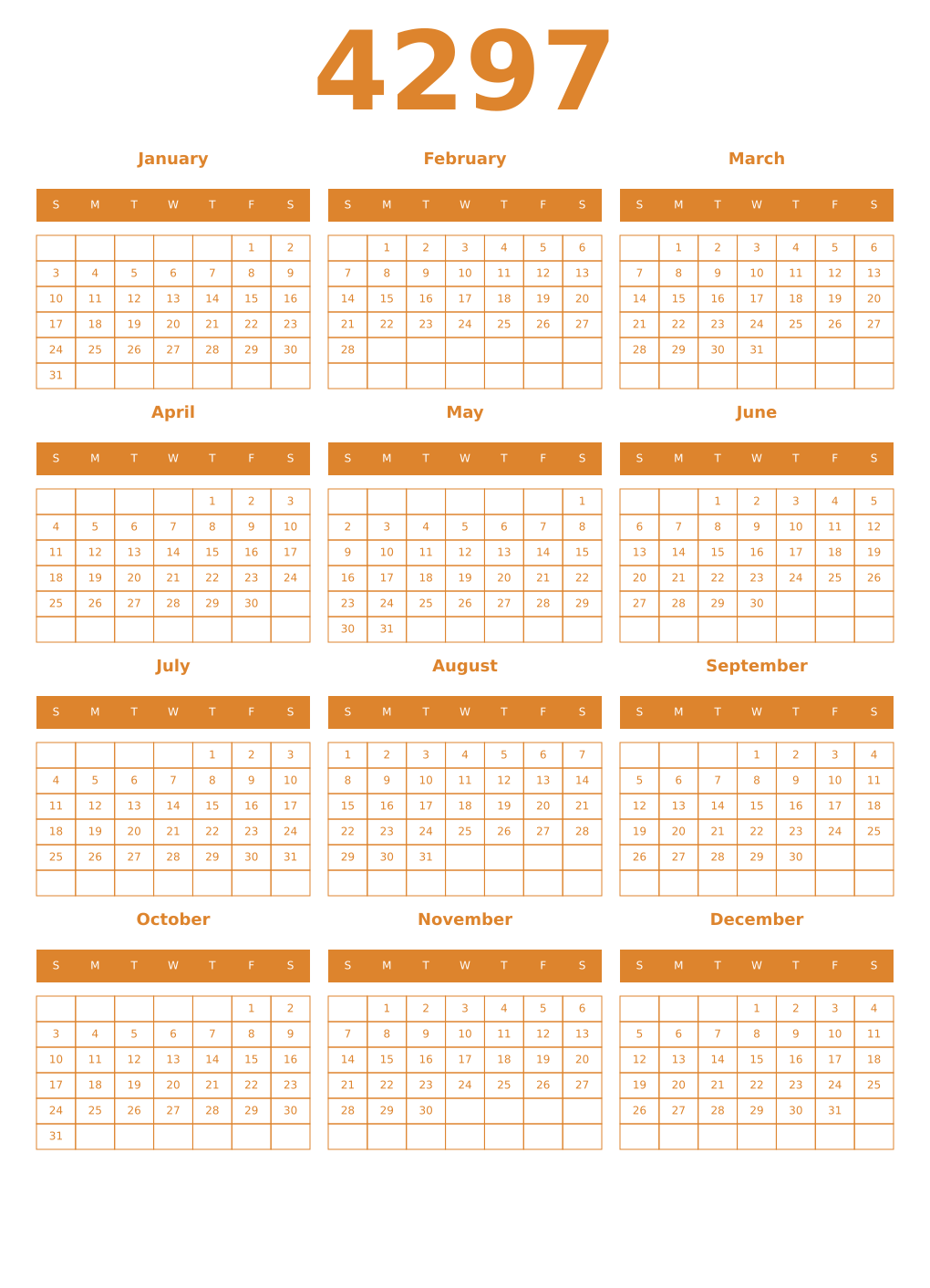 Printable 4297 Year Calendars orange