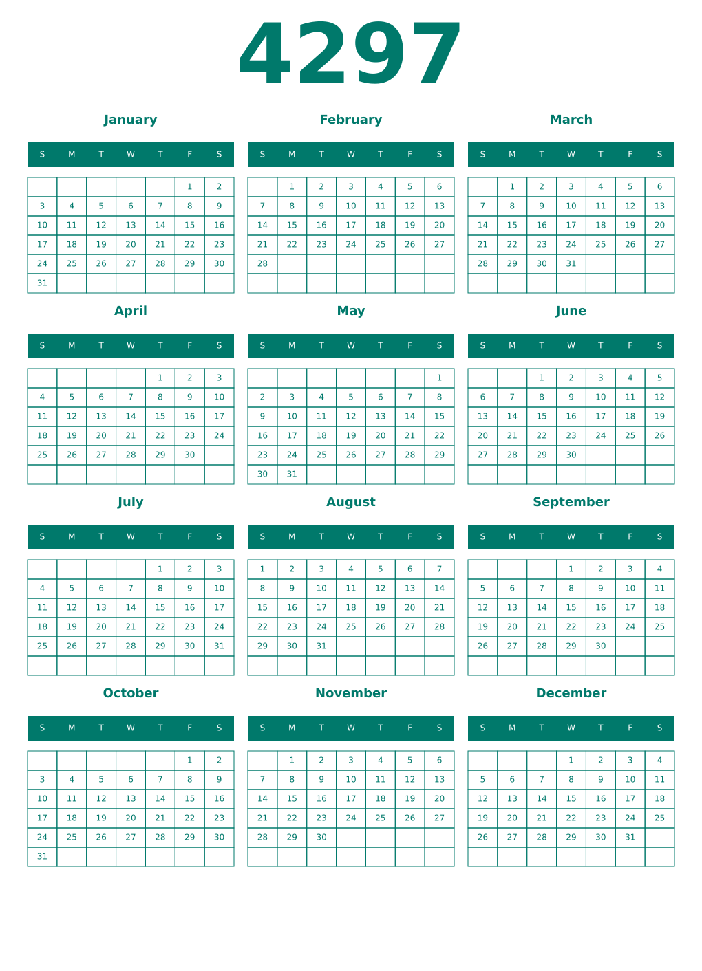 Printable 4297 Year Calendars pastel