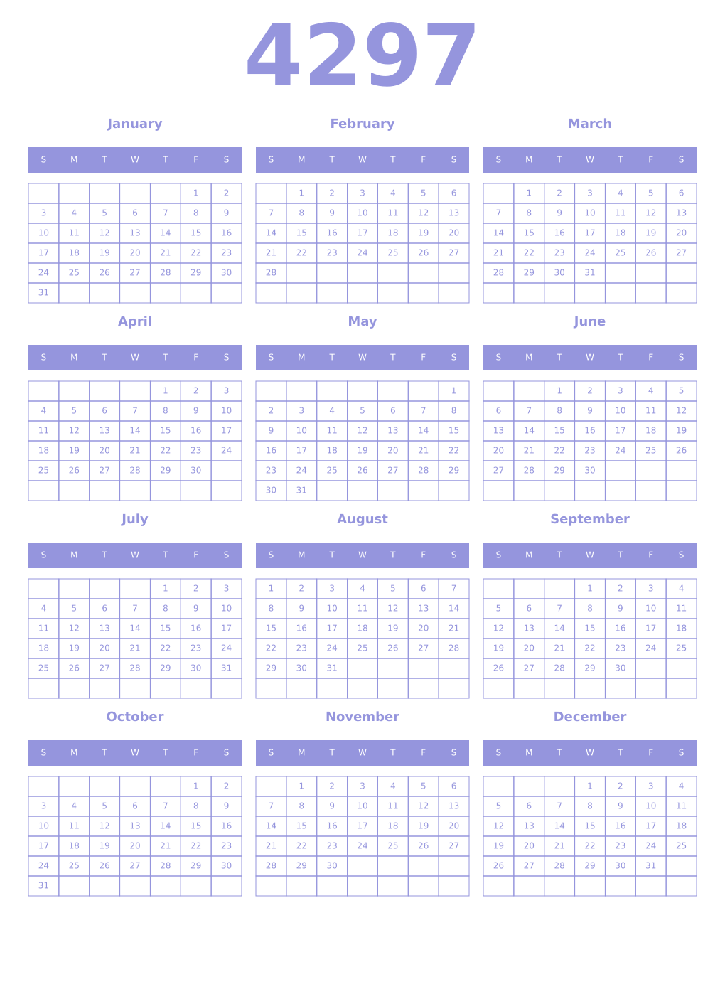 Printable 4297 Year Calendars periwinkle