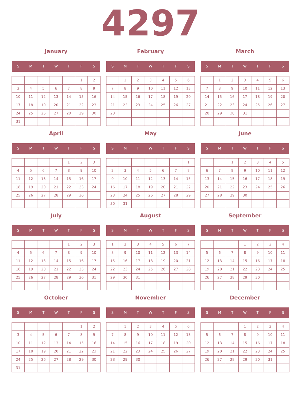 Printable 4297 Year Calendars puce
