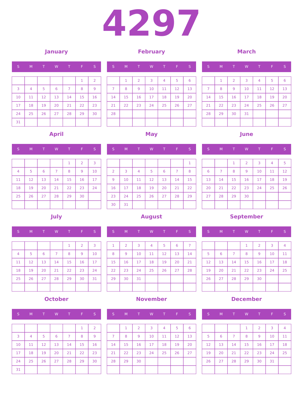 Printable 4297 Year Calendars purple