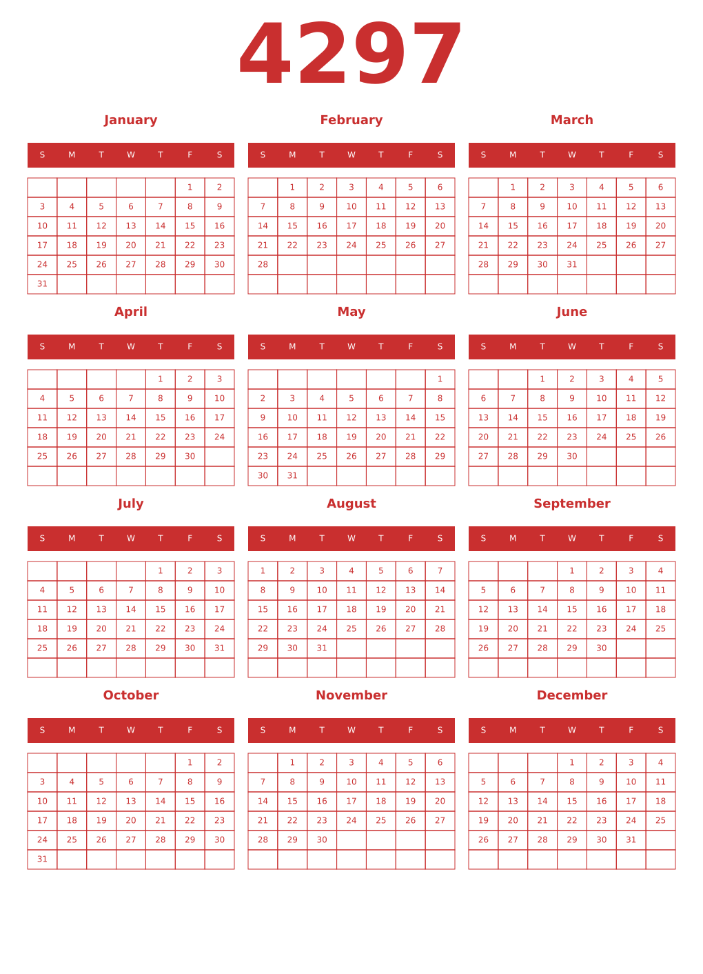 Printable 4297 Year Calendars red
